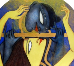 The Golden Flute, Mythology, Oil, Acrylic, Charcoal by Indian Artist "In Stock"