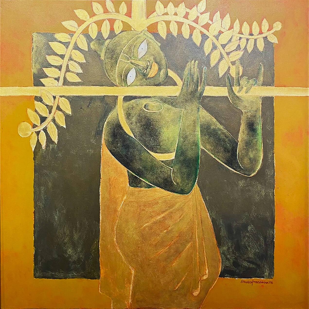 Shuvaprasanna Bhattacharya Figurative Painting - The Golden Flute, Oil and Acrylic on Canvas Modern Artist Shuvaprasanna-In Stock