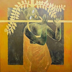The Golden Flute, Oil and Acrylic on Canvas Modern Artist Shuvaprasanna-In Stock