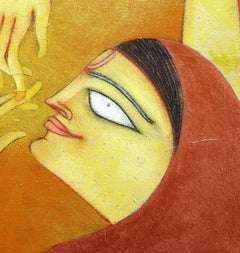 The Golden Flute, Romantisch, Öl, Acryl, Anthrazit, Braun, Rot, Gelb""Auf Lager""