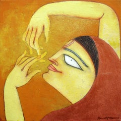 The Golden Flute, Romantisch, Öl, Acryl, Anthrazit, Braun, Rot, Gelb""Auf Lager""