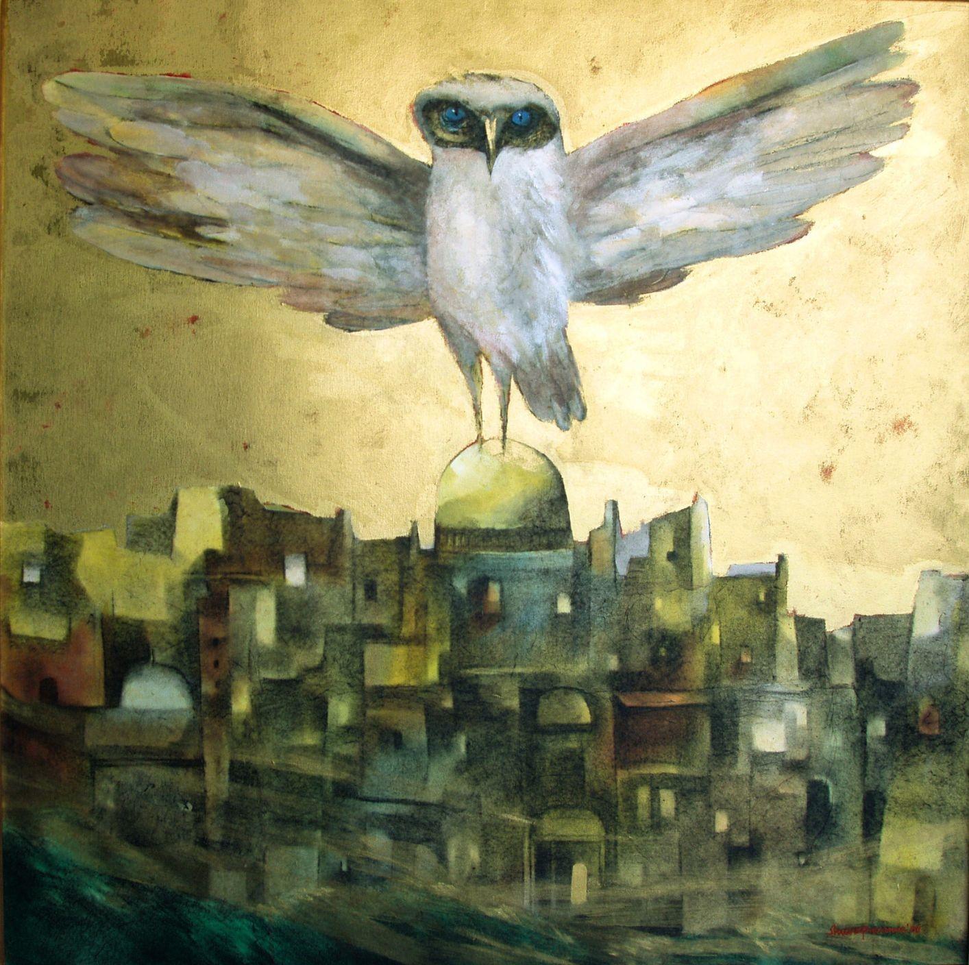 Shuvaprasanna Bhattacharya Interior Painting - The Owl, Acrylic & Charcoal on Canvas by Modern Indian Artist “In Stock”