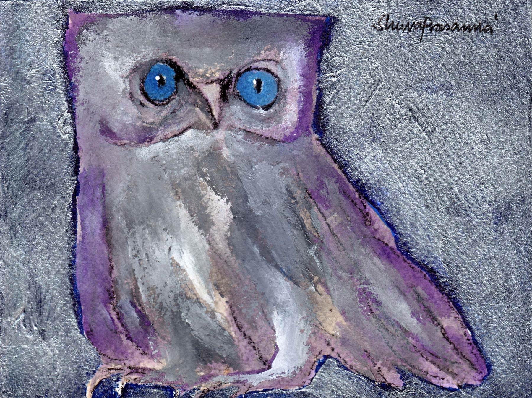 The Owl, Goddess Laxmi's Consort, Acrylic, Charcoal, Violet, Blue 