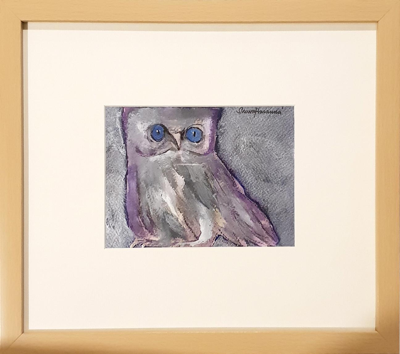 Shuvaprasanna Bhattacharya Interior Painting - The Owl, Goddess Laxmi's Consort, Acrylic, Charcoal, Violet, Blue "In Stock"