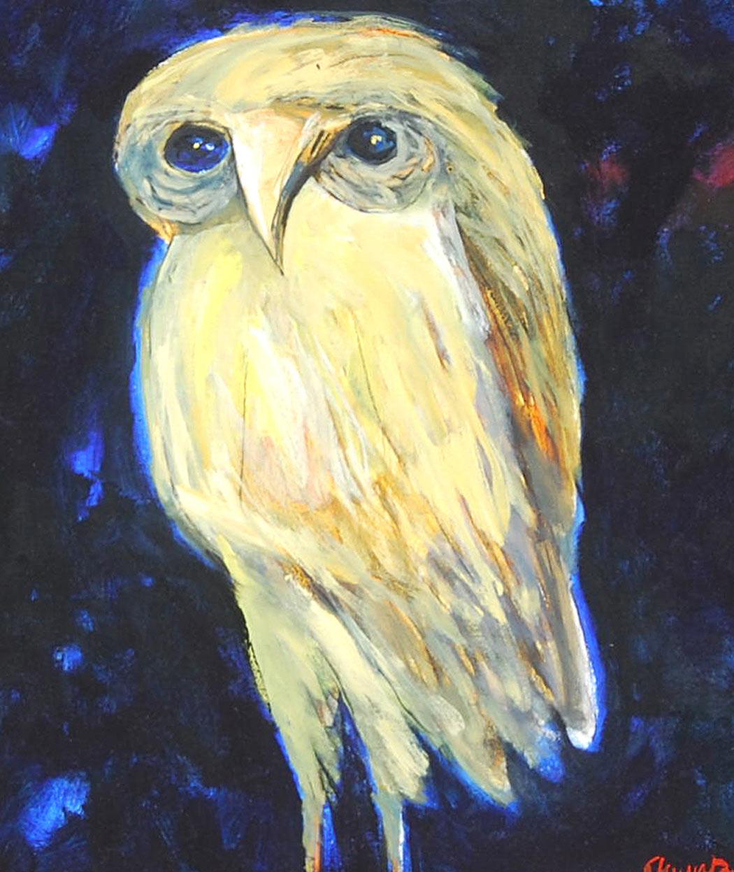 The Owl, Goddess Laxmi's Consort, Oil & Acrylic Painting, Blue, Yellow