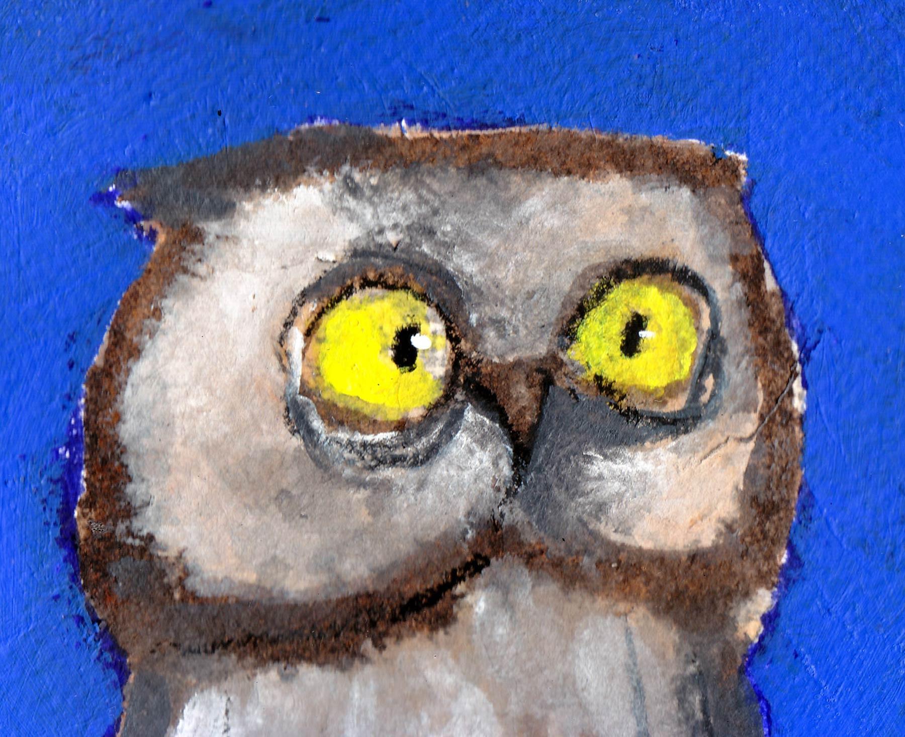 The Owl, Goddess Laxmi's Consort, Yellow Eyeballs, Acrylic, Charcoal 