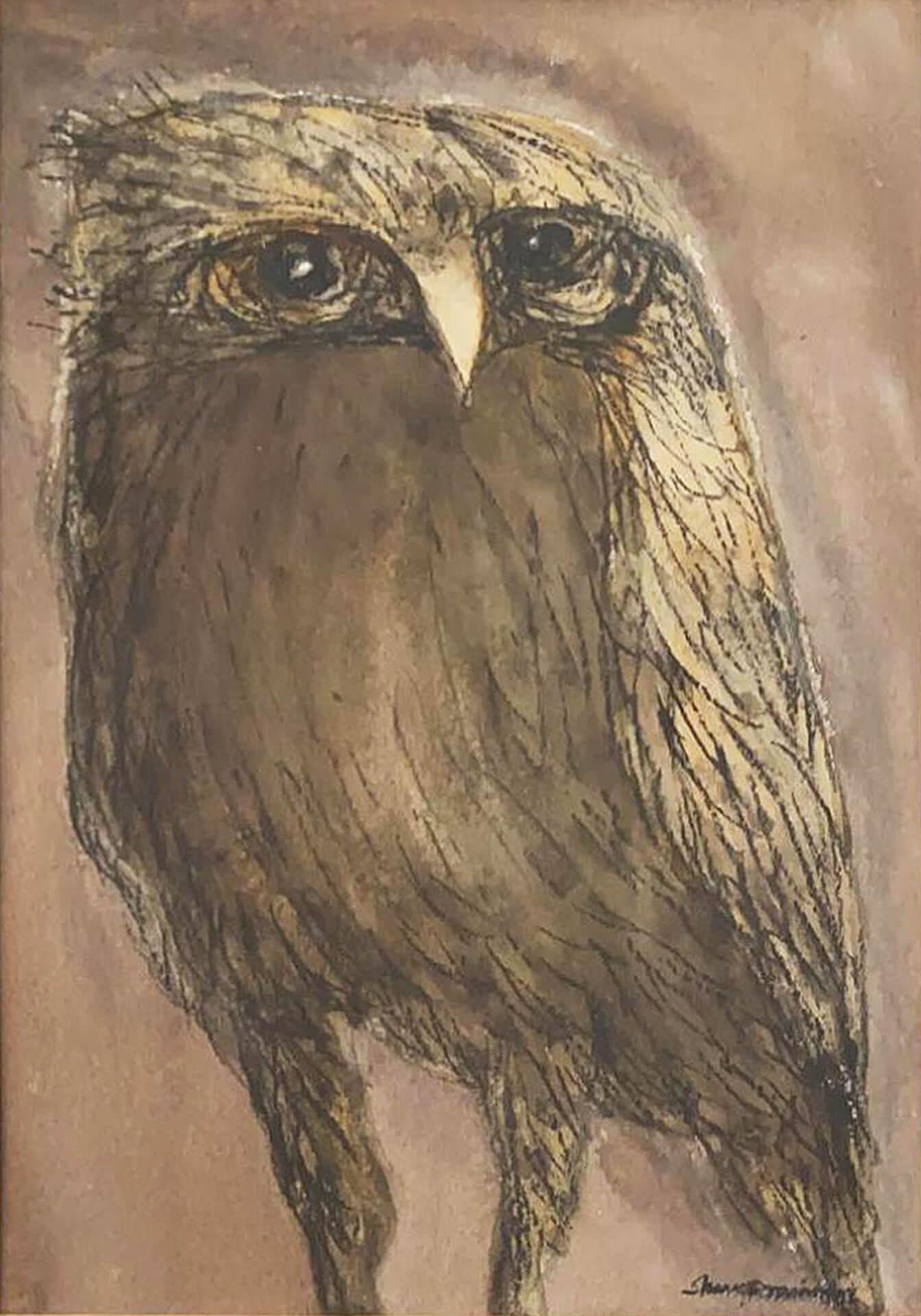 The Owl, Oil Acrylic & Charcoal on Paper by Modern Indian Artist “In Stock”