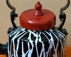 Striking Indian aluminum kettle, in black, red, white; india art Shuvaprasanna