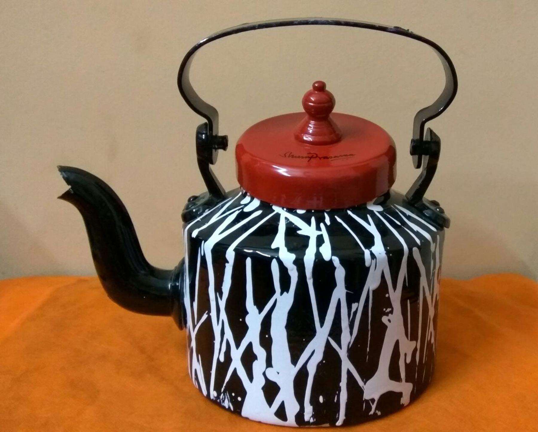 Striking Indian aluminum kettle, in black, red, white; india art Shuvaprasanna 