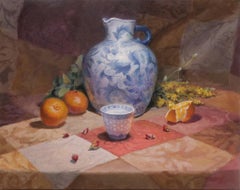 Used Blue Patterned Chinaware and Fruits, Oil Painting