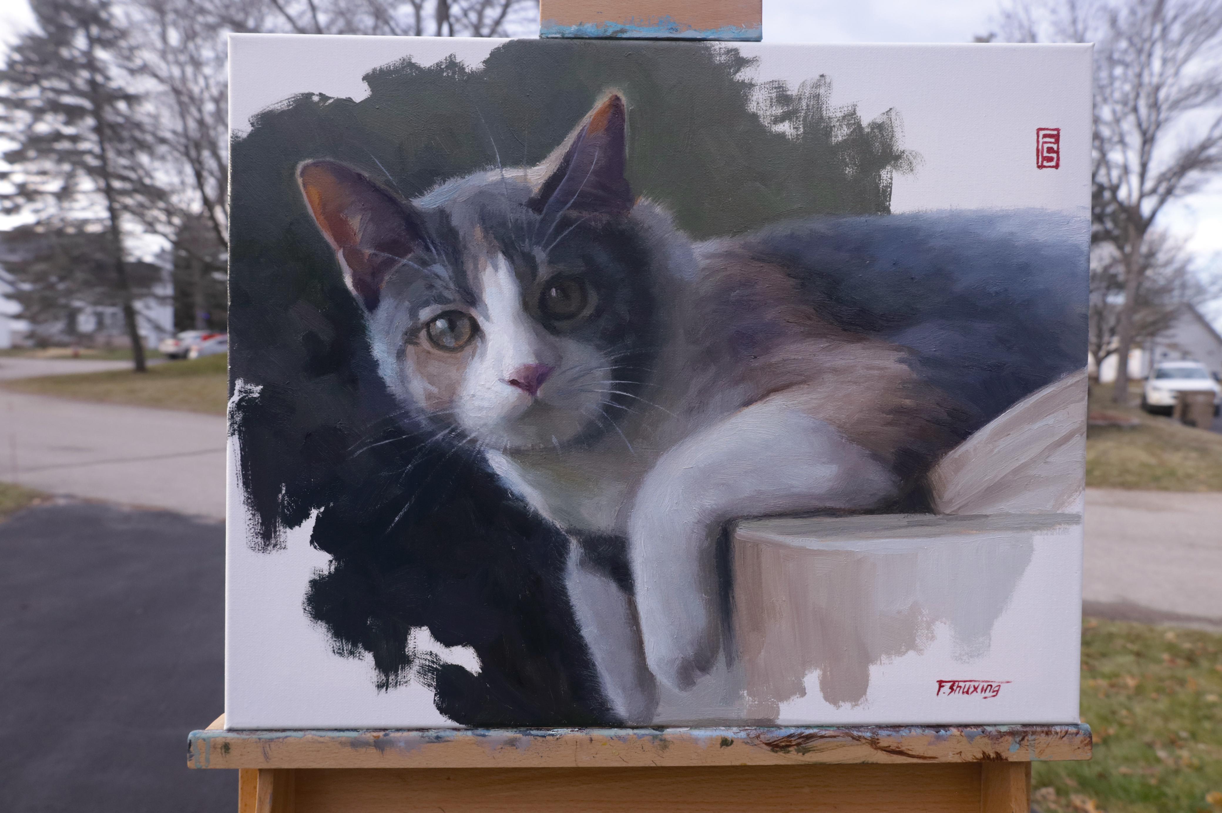 <p>Artist Comments<br>A calico cat displays its endearing charm. Painted in a realist style, artist Shuxing Fan portrays the curious gaze of his son's feline friend, with its eyes revealing a moment of quiet connection. The negative space in the