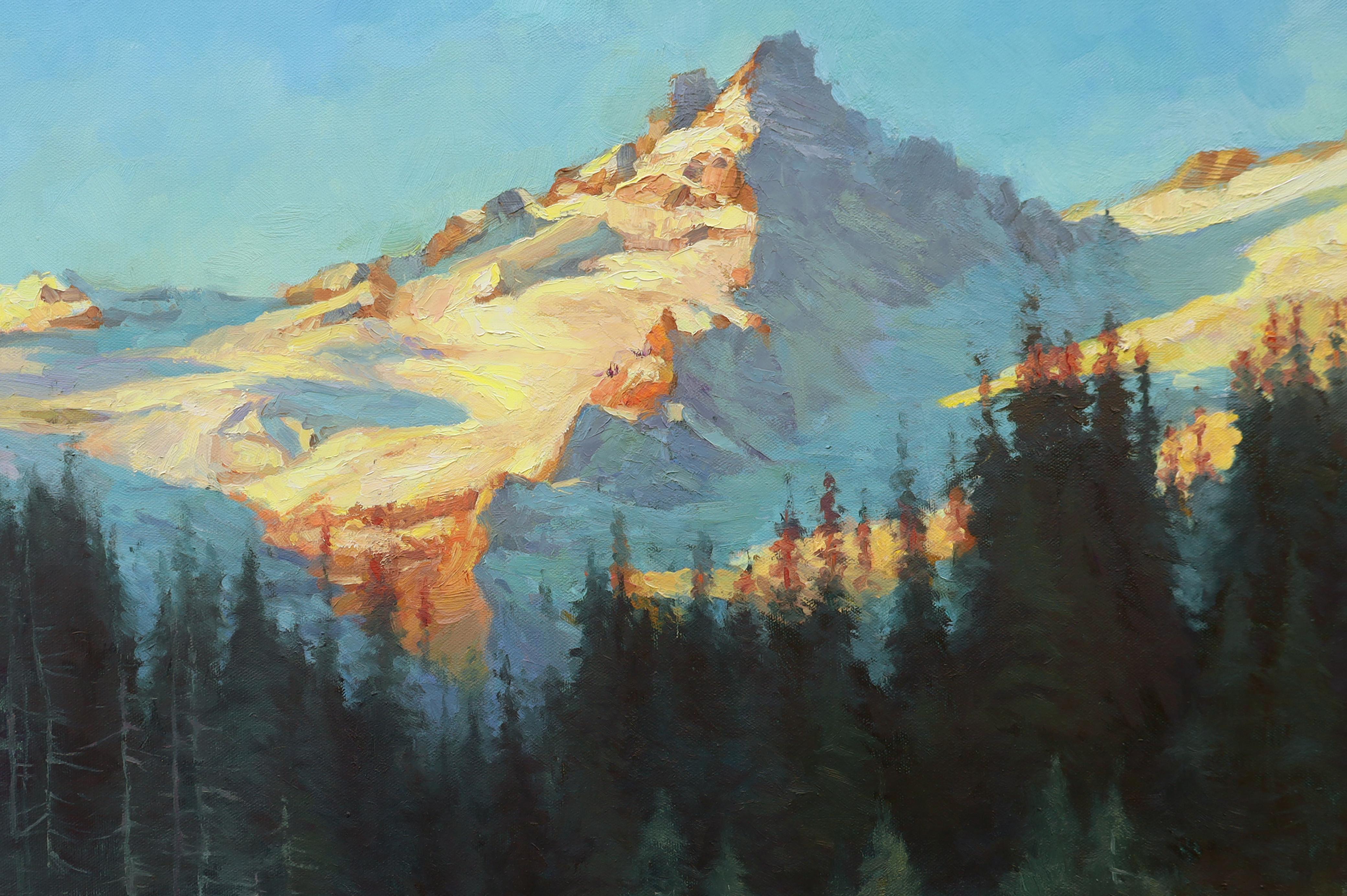 <p>Kommentare des KünstlersEin schneebedeckter Berg glänzt, wenn die Sonne auf seine felsige Form trifft, und bietet einen auffälligen Kontrast zu einem schattigen, tiefen Wald an seinem Fuß.<br> Das Spiel von Licht und Schatten verleiht der