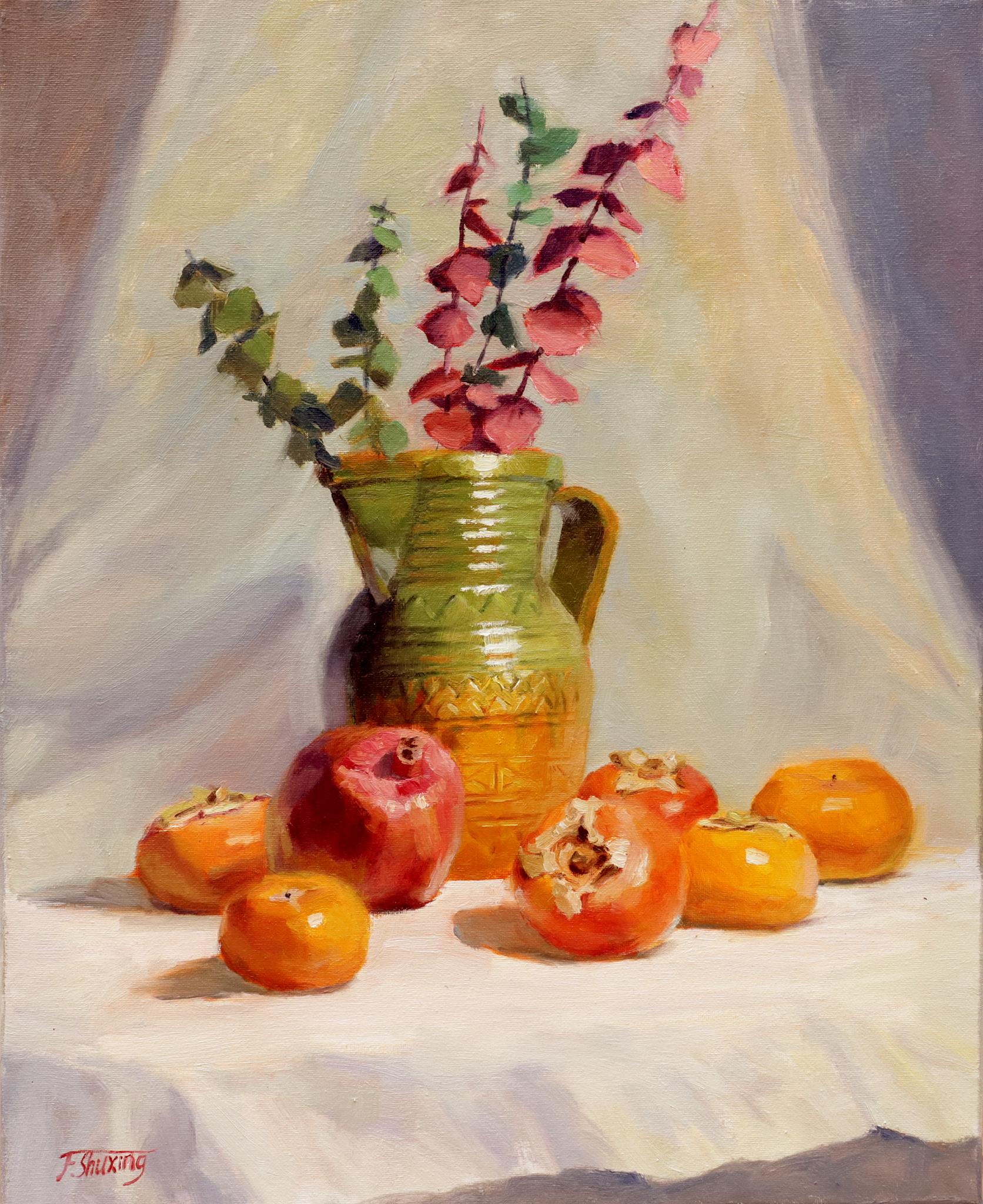 Shuxing Fan Still-Life Painting - Persimmons and Pitcher, Oil Painting