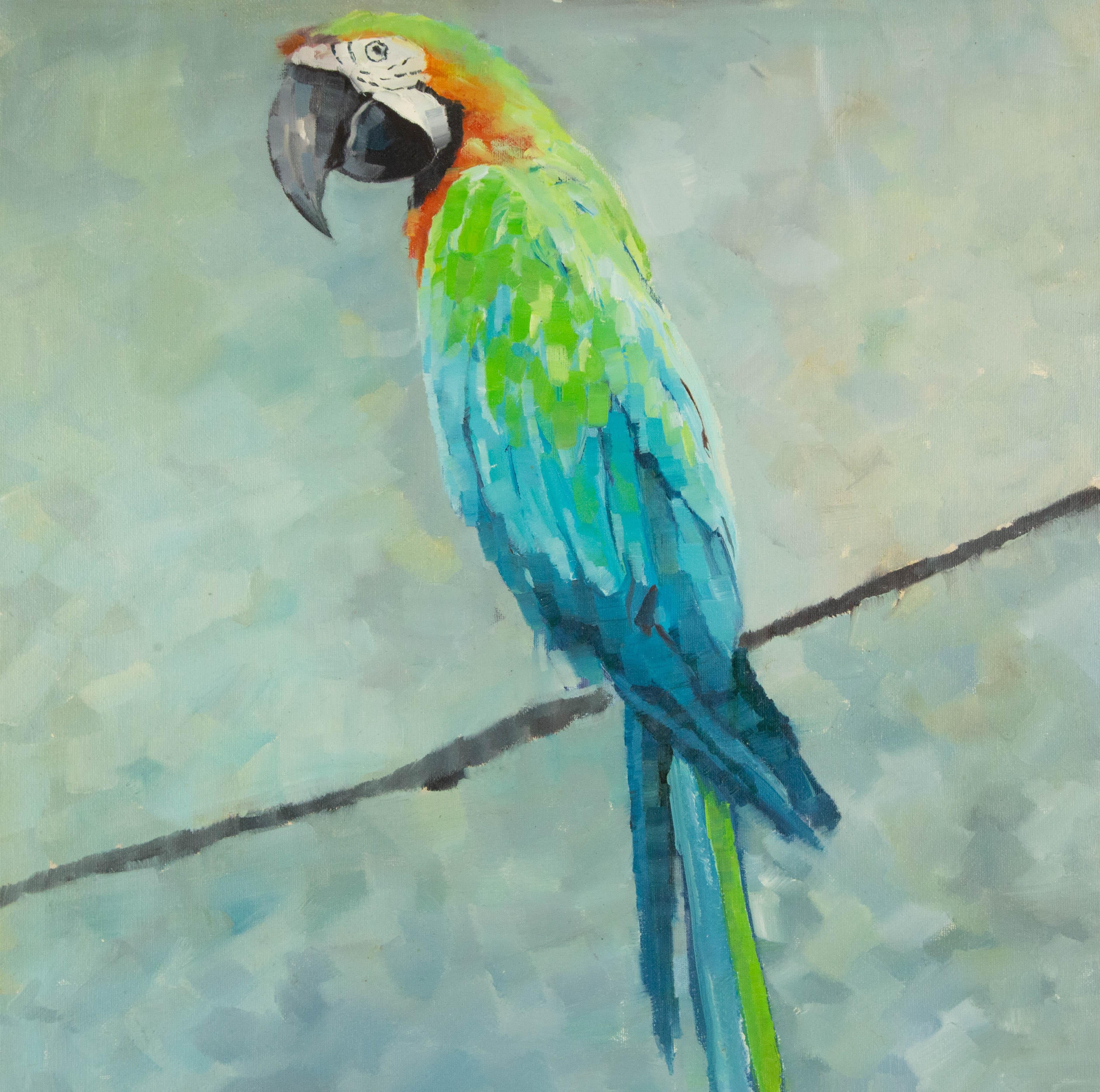  Título: El loro verde y azul de pie
 Técnica: Óleo sobre lienzo
 Tamaño: 19 x 19 pulgadas
 Marco: Opciones de enmarcado disponibles
 Estado de conservación: El cuadro parece estar en excelentes condiciones.
 Nota: Este cuadro no está estirado
 Año: