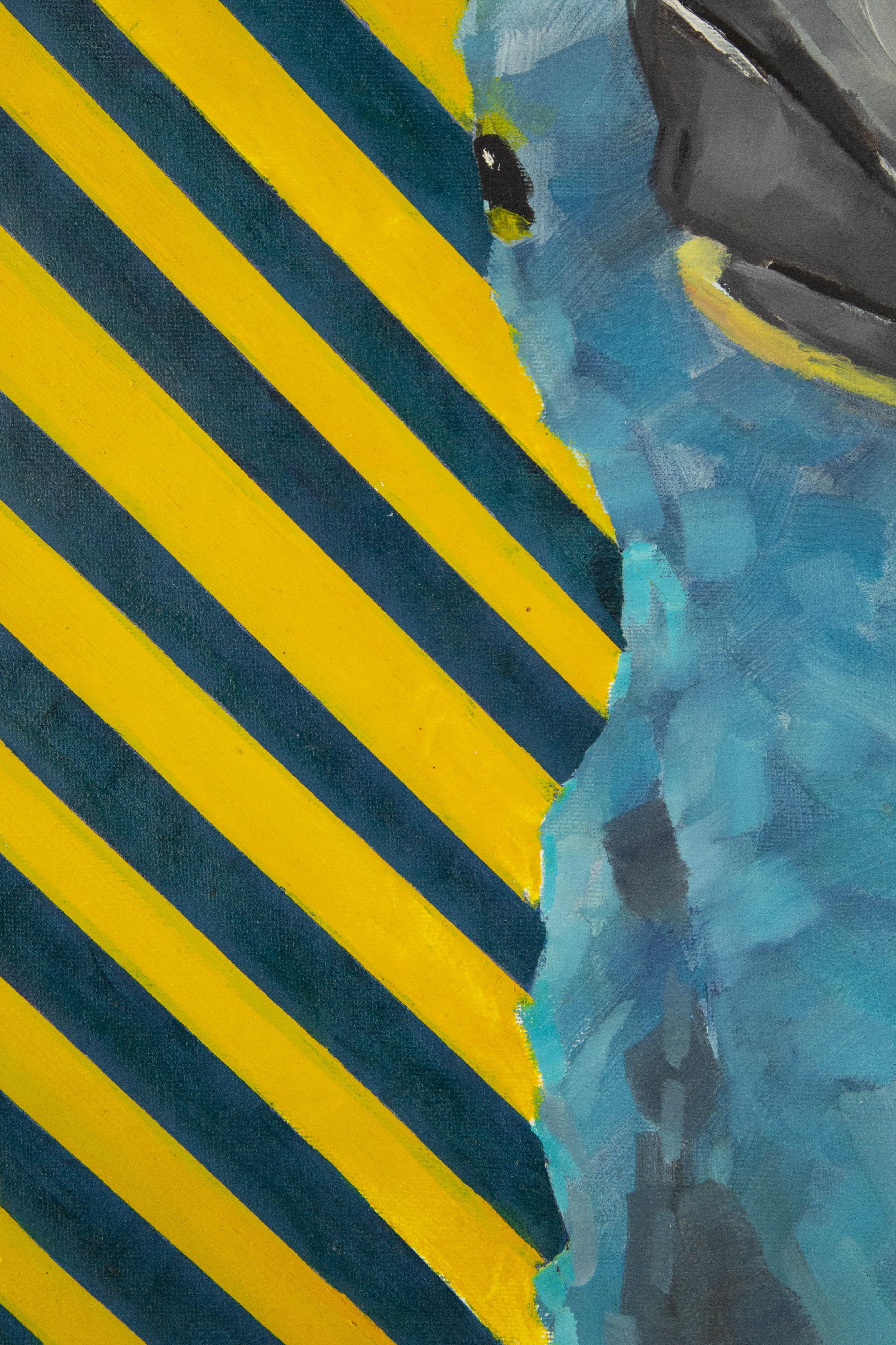 Title: Stripes and Blue Bird
 Medium: Oil on canvas
 Size: 19 x 15.5 inches
 Frame: Framing options available!
 Condition: The painting appears to be in excellent condition.
 Note: This painting is unstretched
 Year: 2000 Circa
 Artist: Shuxu Han
