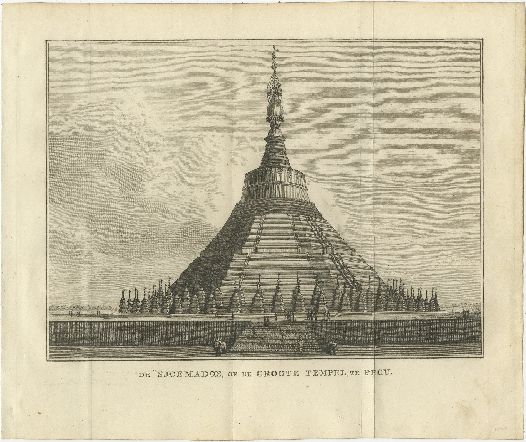 Pagoda de Shwemawdaw en Pegu - Grabado antiguo del Gran Templo de Birmania, hacia 1800

Este majestuoso grabado holandés antiguo titulado 