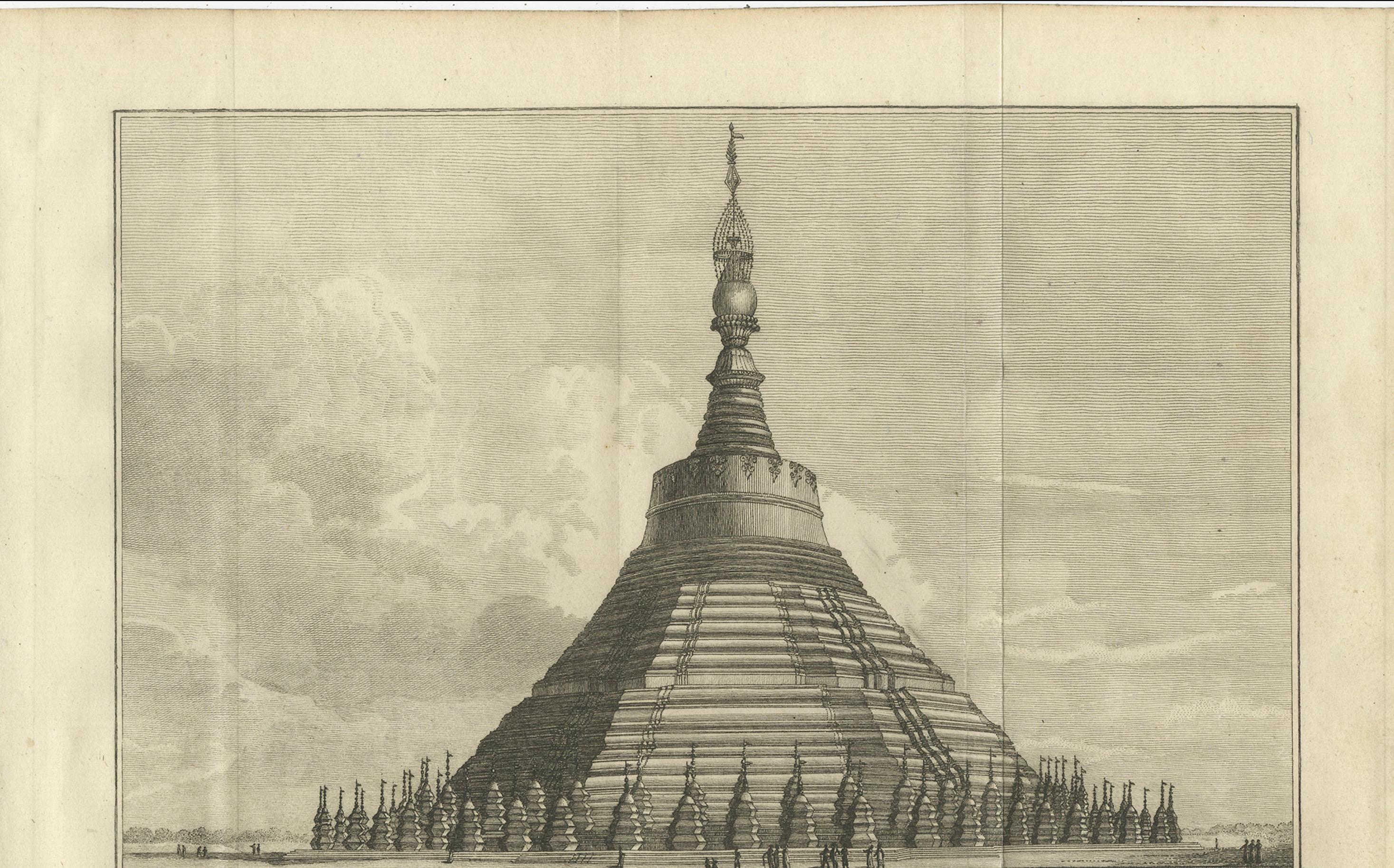 Pagoda de Shwemawdaw en Pegu - Grabado antiguo del Gran Templo de Birmania, 1800 Holandés en venta