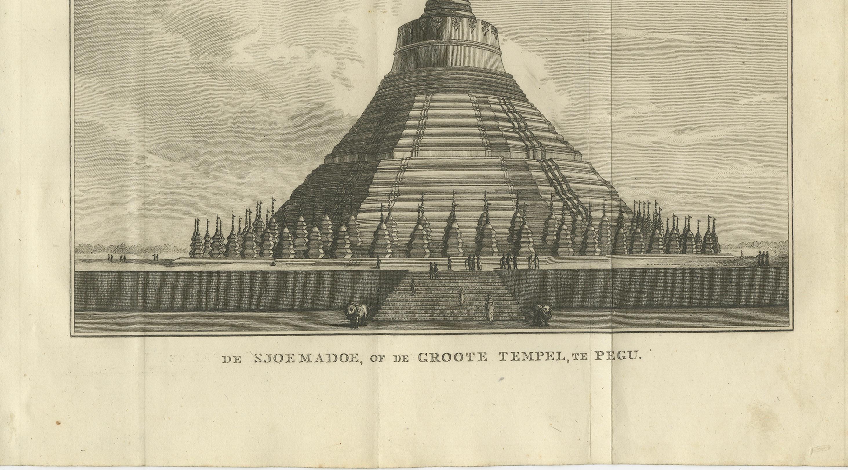 Pagoda de Shwemawdaw en Pegu - Grabado antiguo del Gran Templo de Birmania, 1800 en Bueno estado para la venta en Langweer, NL