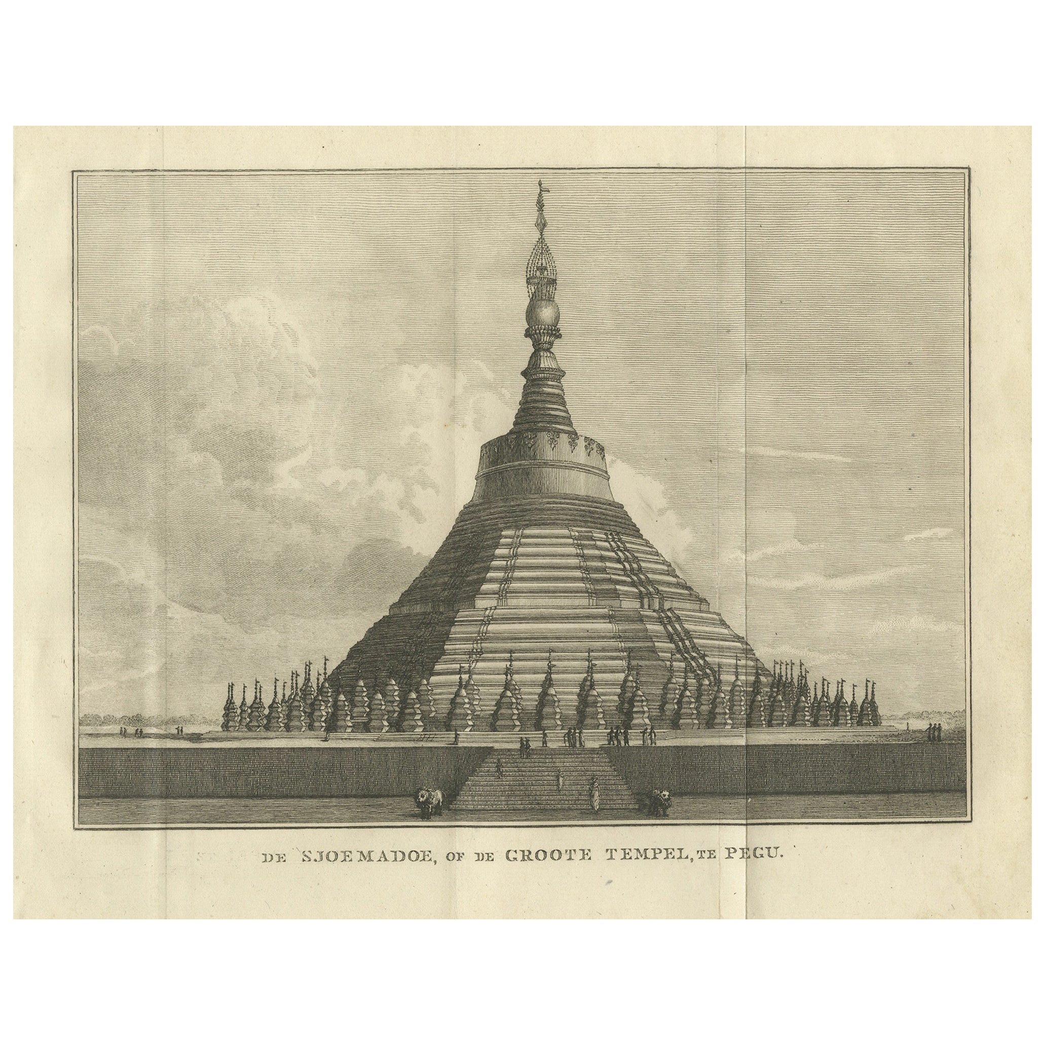 Pagoda de Shwemawdaw en Pegu - Grabado antiguo del Gran Templo de Birmania, 1800 en venta