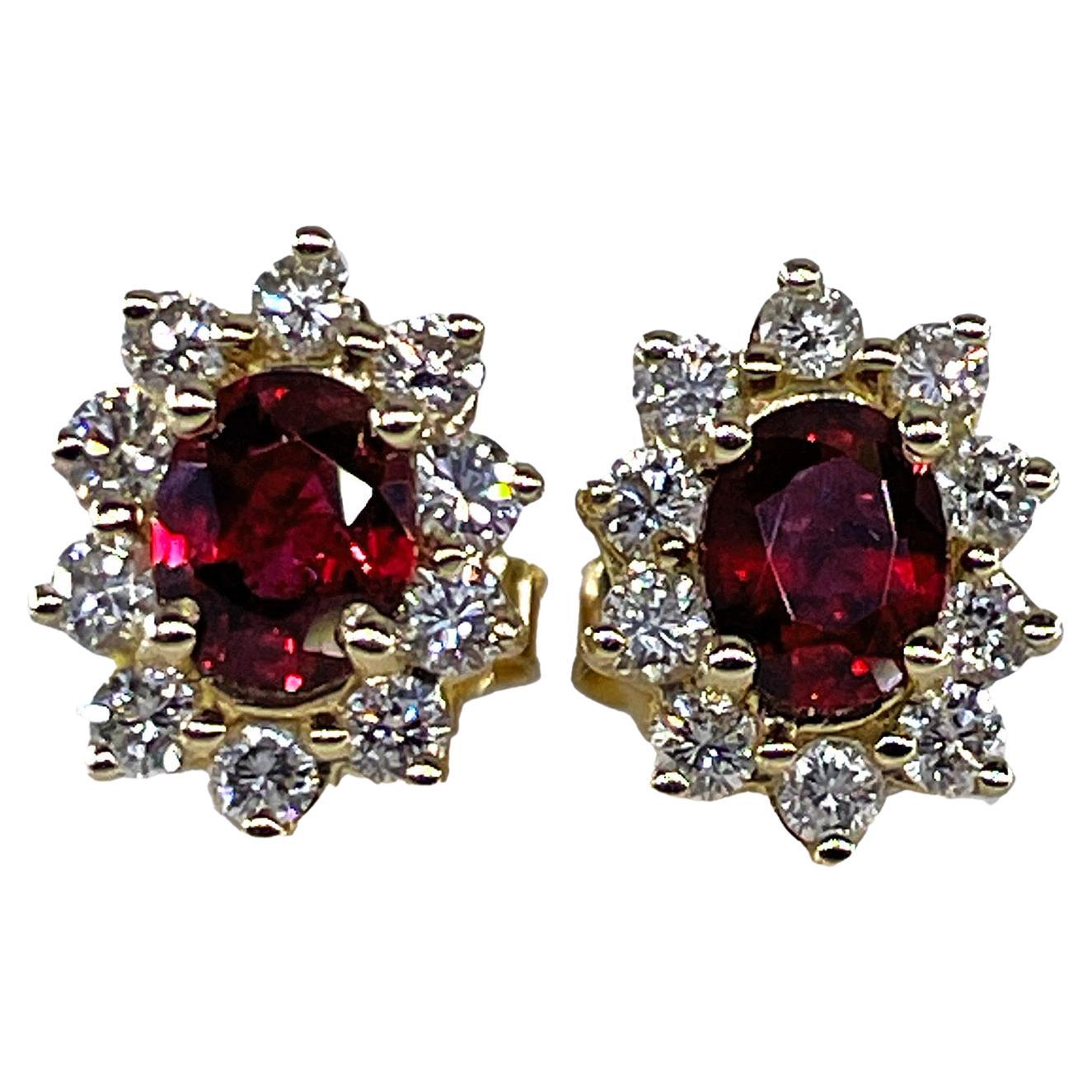 Shy 2.0ctw Oval Red Ruby & Diamonds 14k Yellow Gold Cluster Stud Post Earrings
