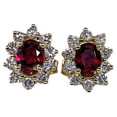 Shy 2.0ctw Oval Red Ruby & Diamonds 14k Yellow Gold Cluster Stud Post Earrings