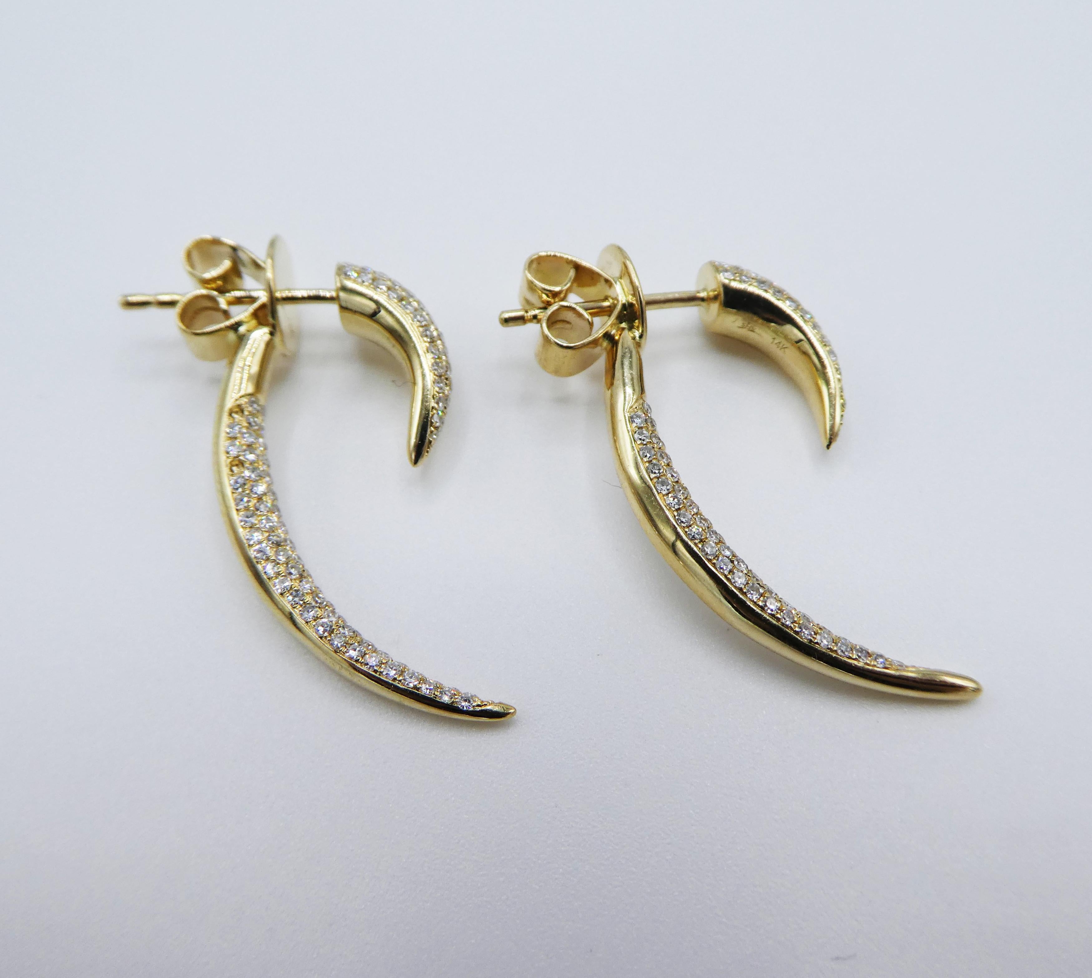 Shy Creation Fang Earrings Pave Diamond Hoop 1.75CTW 14K Yellow Gold

Metal: 14k yellow gold
Weight: 4.35 grams
Diamonds: Approx. 1.75 CTW H-I SI
Length: 25mm 
Width: 15mm