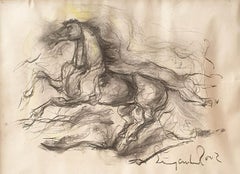 Horse, Conte Mixed Media on Paper, Black color by Contemporary Artist "In Stock"