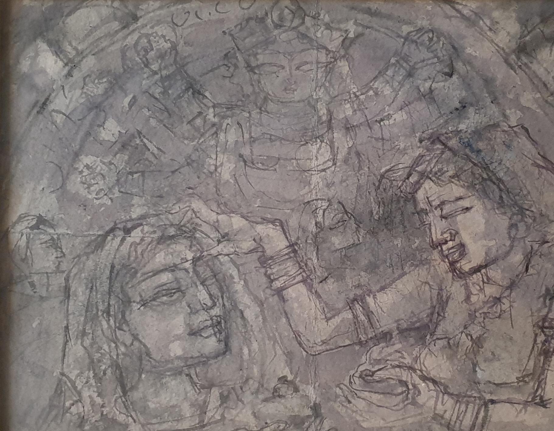 Durga Puja, Watercolor on Handmade paper, Brown, Modern Indian Artist 