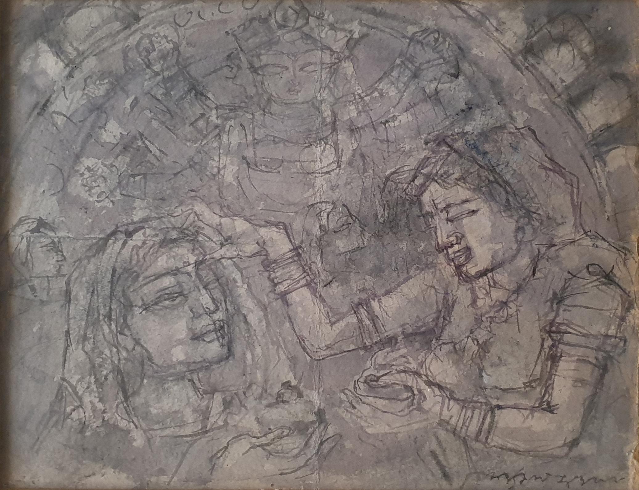 Durga Puja, Watercolor on Handmade paper, Brown, Modern Indian Artist 