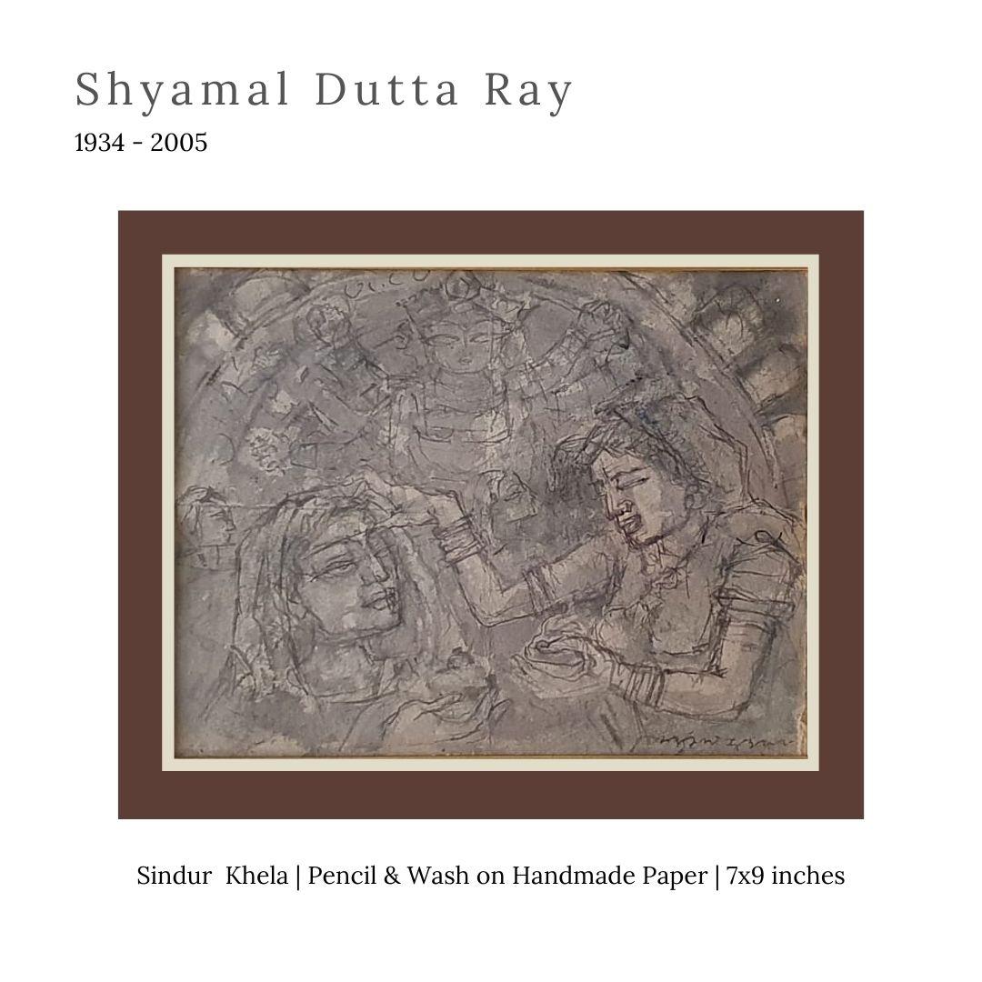 Shyamal Dutta Ray Figurative Painting - Durga Puja, Watercolor on Handmade paper, Brown, Modern Indian Artist "In Stock"