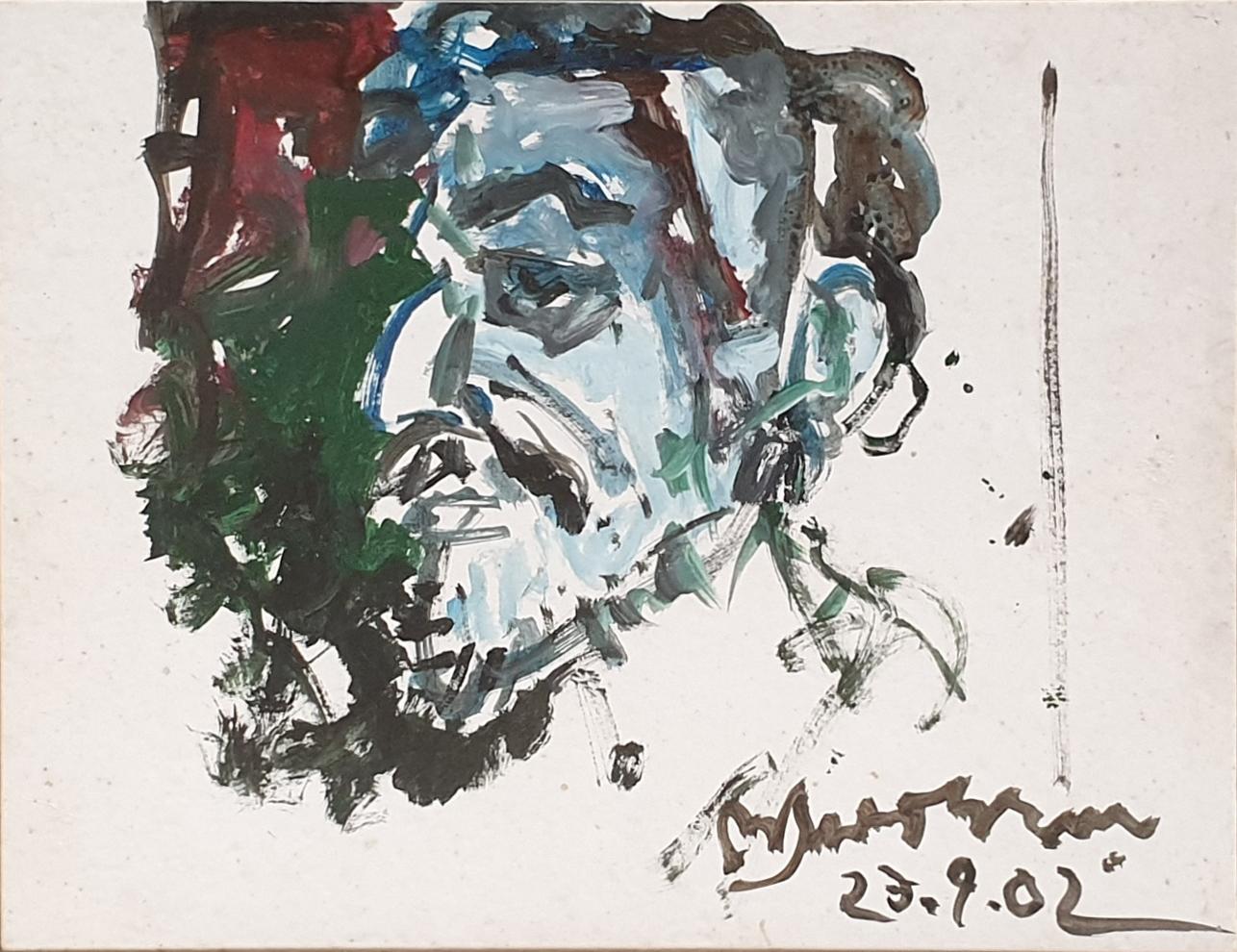Old Man, Watercolor on paper, Brown, Green, Blue, Modern Indian Artist