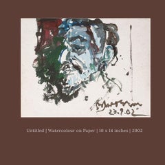 Old Man, aquarelle sur papier, marron, vert, bleu, artiste indien moderne, « en stock »