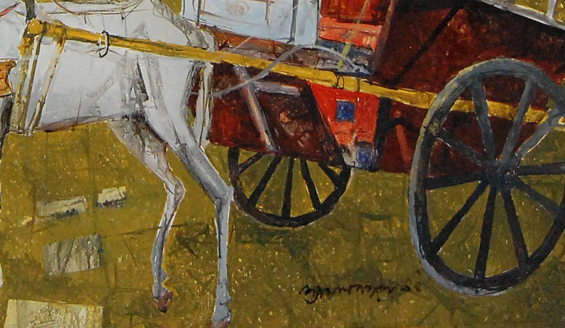 Temple and Chariot: City life of Calcutta, surrealism, bright yellow, red, white - Painting by Shyamal Dutta Ray