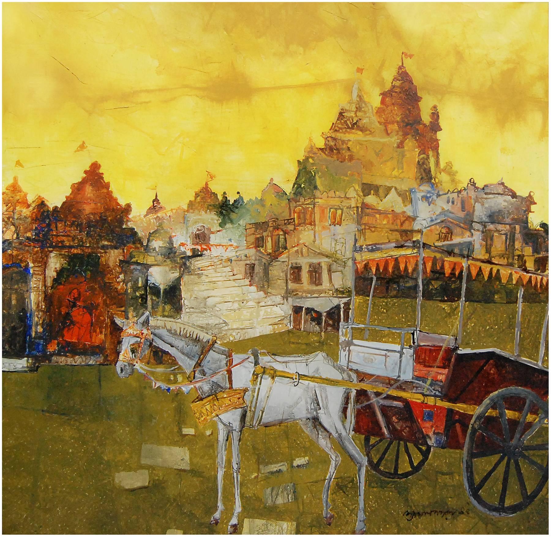 Shyamal Dutta Ray Figurative Painting - Temple and Chariot: City life of Calcutta, surrealism, bright yellow, red, white