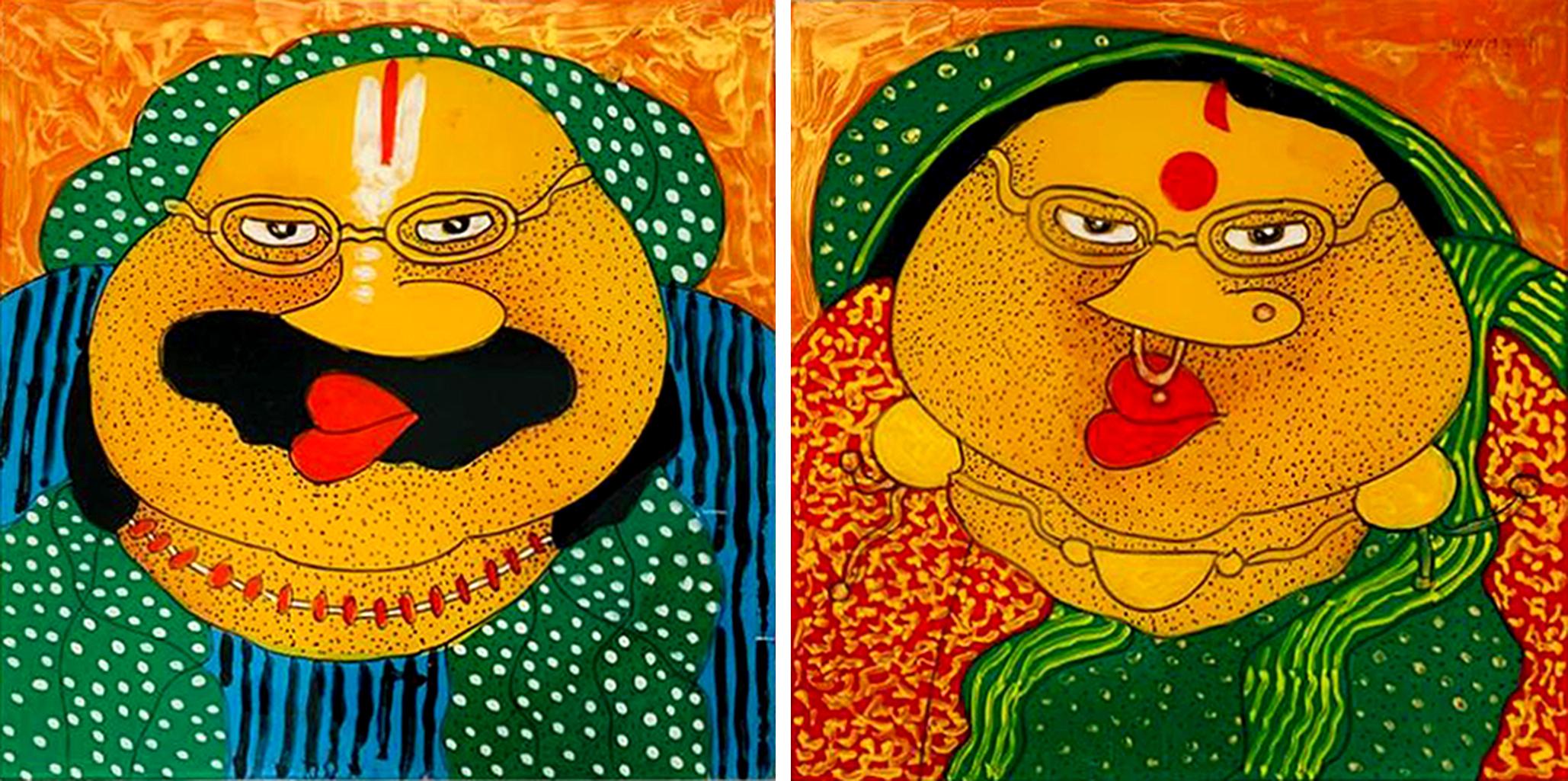 Shyamal Mukherjee Portrait Painting – Bawa Biwi, Öl auf Acrylplatte auf Rückseite (Set von 2) von Contemporary „In Stock“