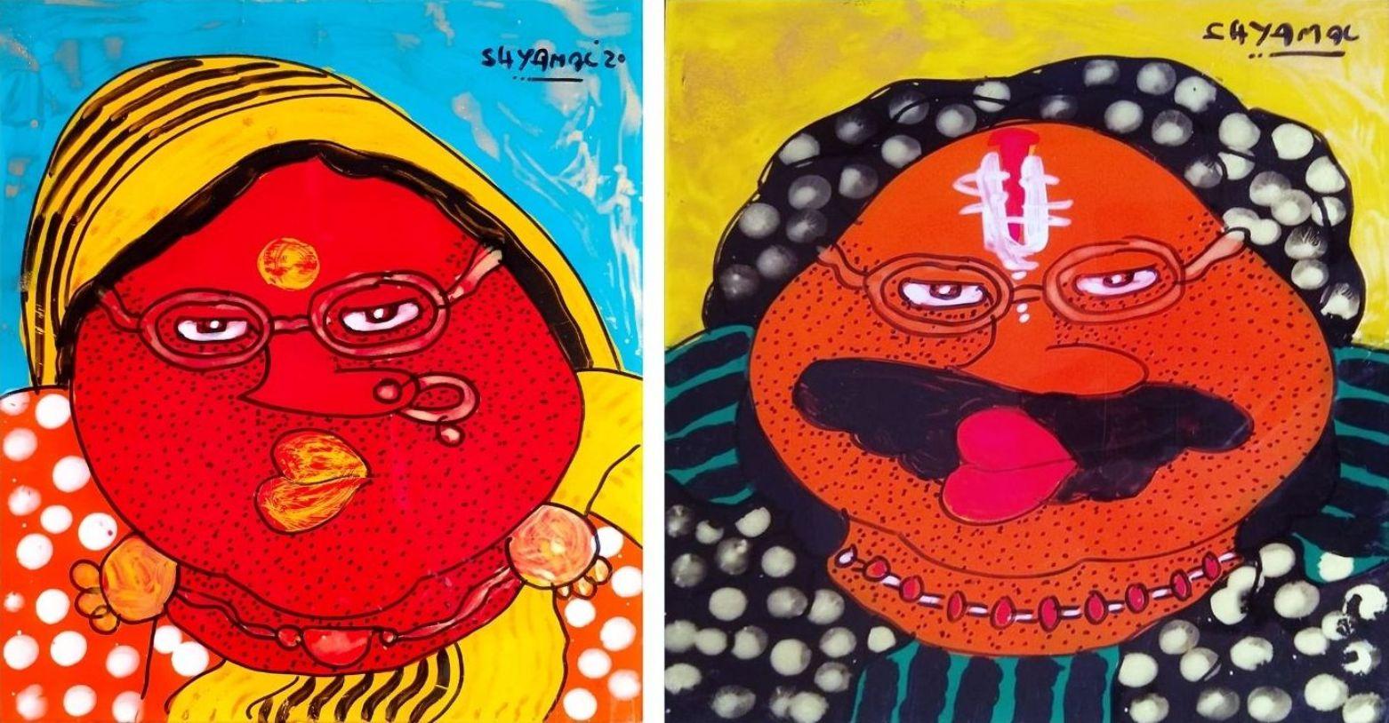 Shyamal Mukherjee Figurative Painting - Bawa Biwi, Oil Reverse on Acrylic Sheet (Set of 2) by Contemporary "In Stock"