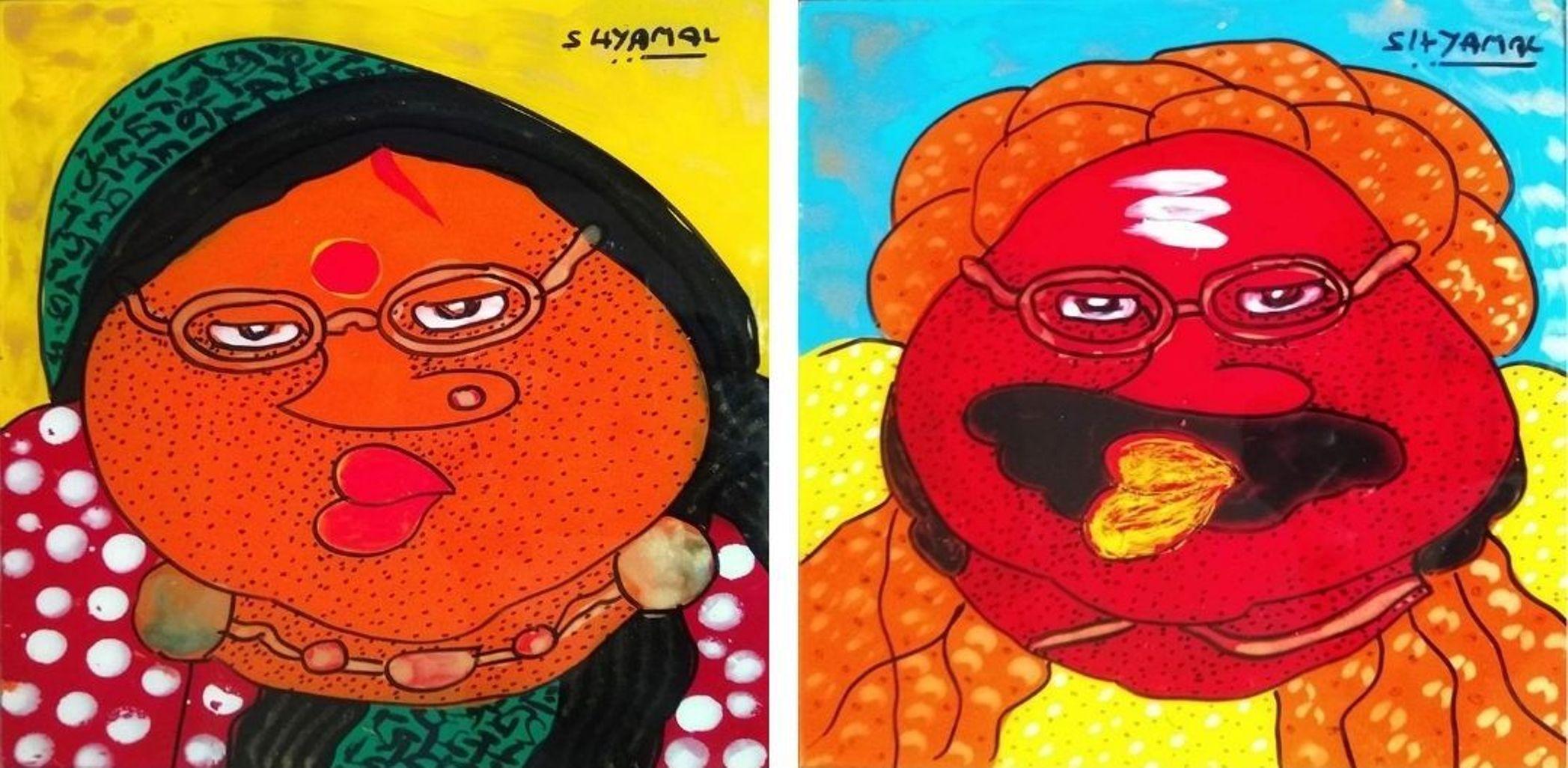 Bawa Biwi, Olio rovesciato su lastra acrilica (Set di 2) di Contemporary "In magazzino" - Art di Shyamal Mukherjee