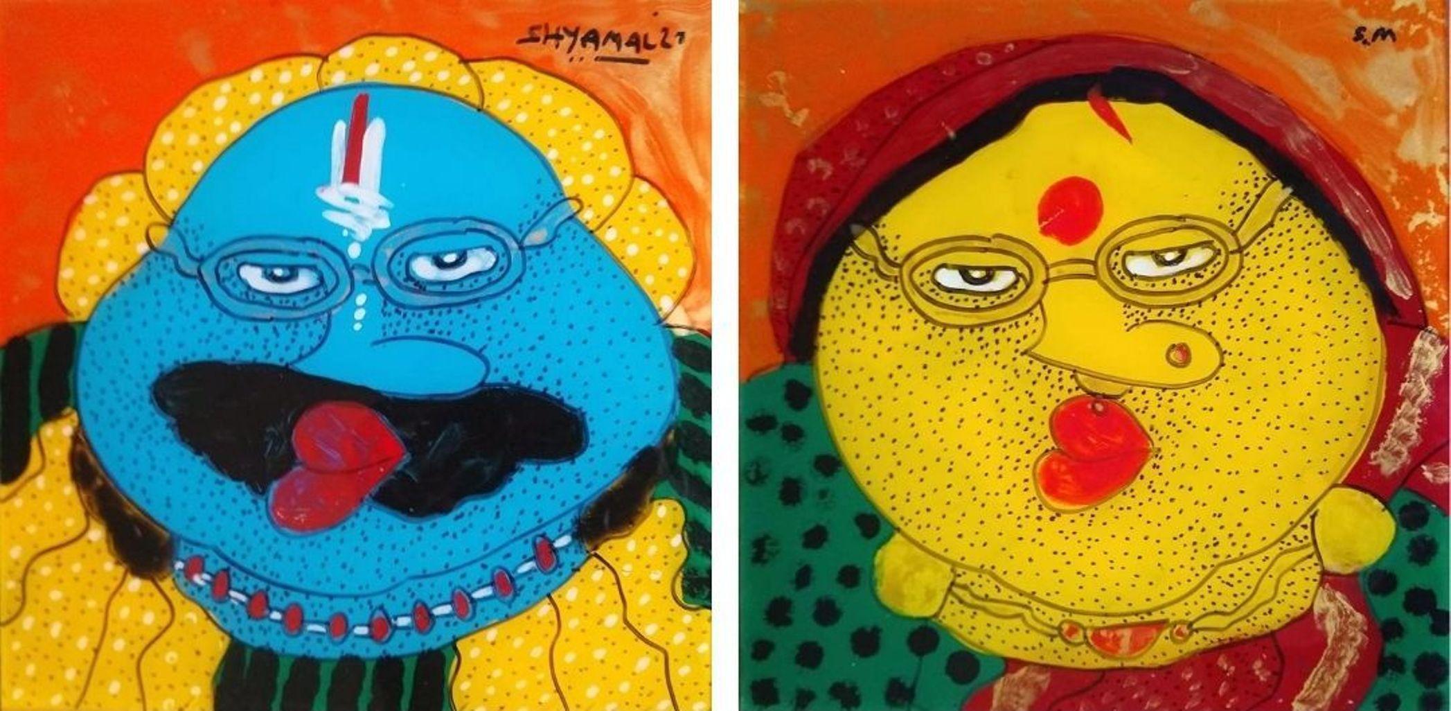 Figurative Painting di Shyamal Mukherjee - Bawa Biwi, Olio rovesciato su lastra acrilica (Set di 2) di Contemporary "In magazzino"