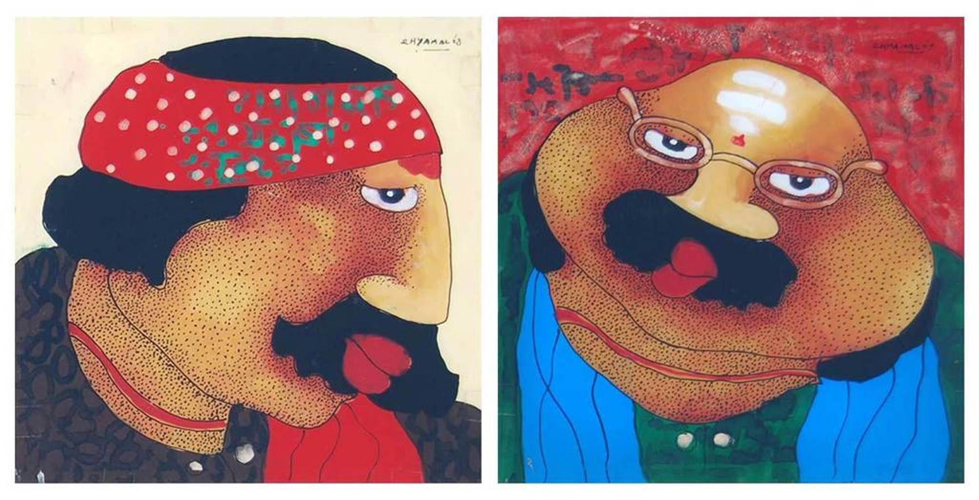 Shyamal Mukherjee Figurative Painting - Bawa Biwi, Oil Reverse on Acrylic Sheet (Set of 2) by Indian Contemporary Artist