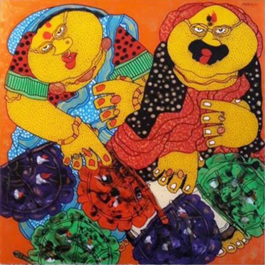 Bawa Biwi, Acrilico rovesciato su lastra acrilica di Artista contemporaneo "In magazzino" - Mixed Media Art di Shyamal Mukherjee
