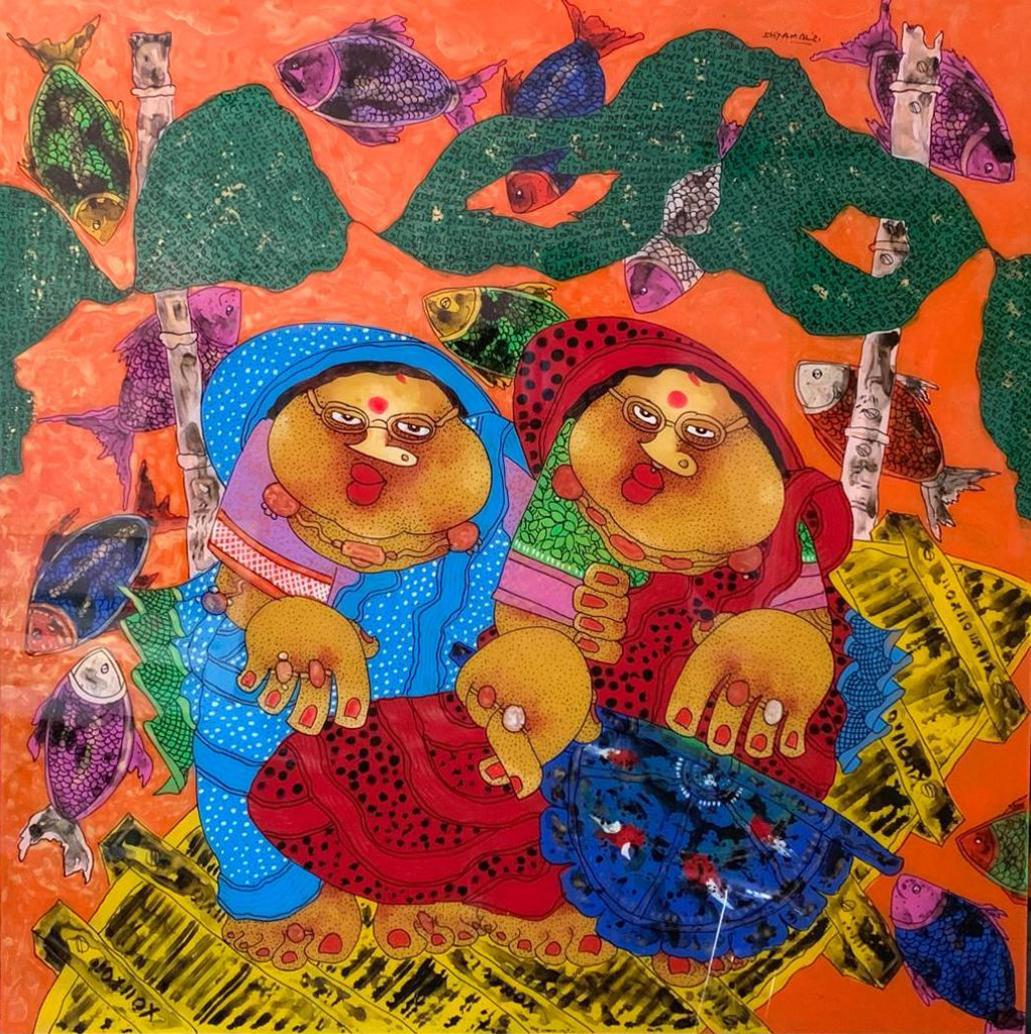 Figurative Painting di Shyamal Mukherjee - Biwi, olio su lastra acrilica rovesciata di un artista indiano contemporaneo "In magazzino"