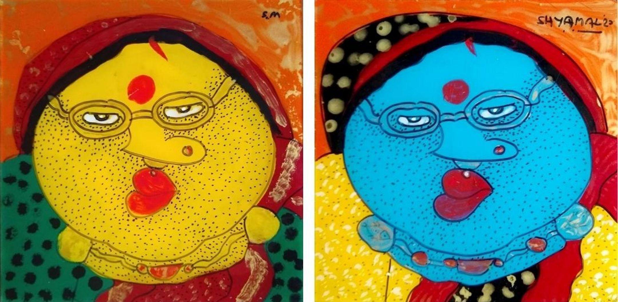 Figurative Painting di Shyamal Mukherjee - Biwi, Olio rovesciato su lastra acrilica (Set di 2) di Artista contemporaneo "In magazzino"