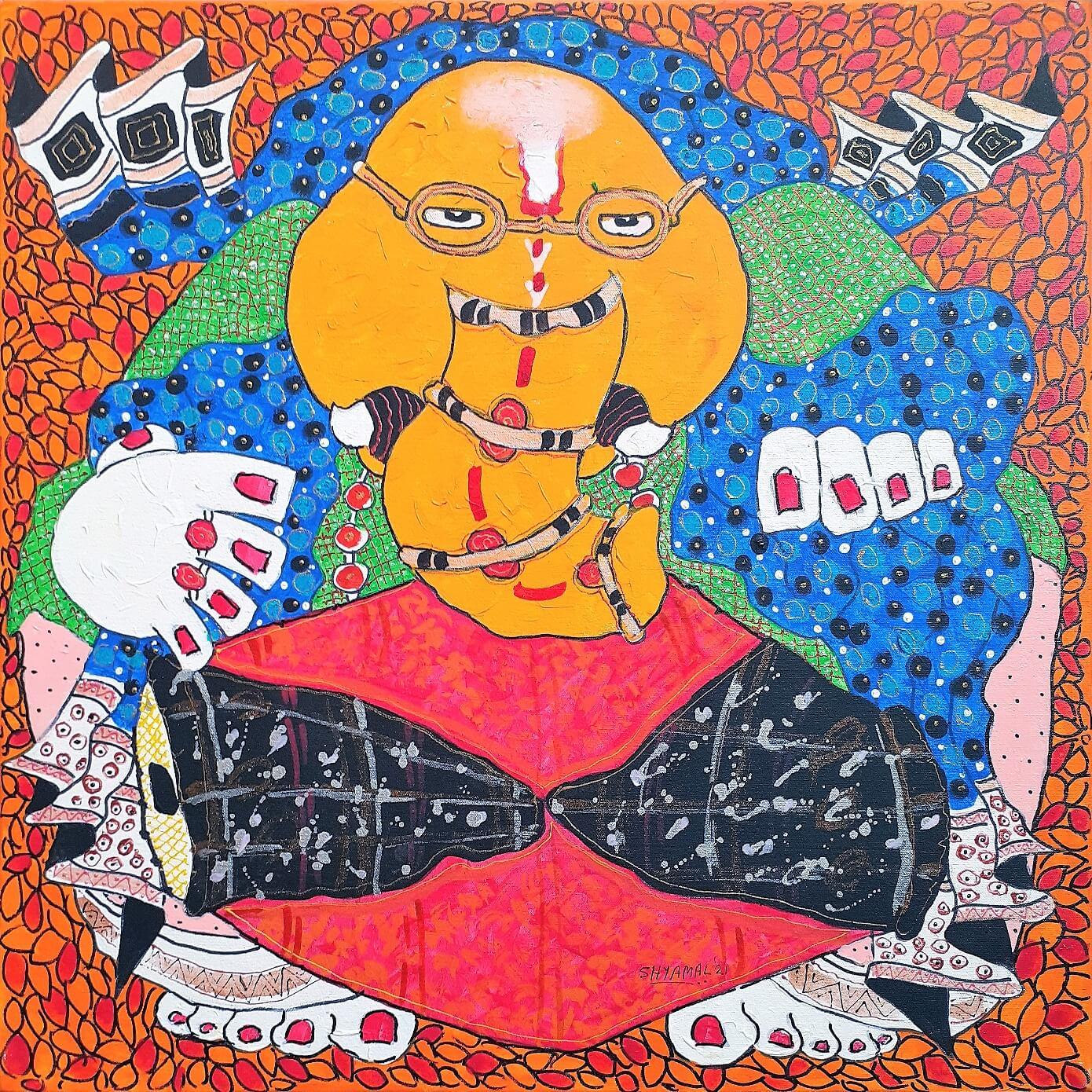 Figurative Painting di Shyamal Mukherjee - Ganesha, Acrilico su tela rossa, gialla di un artista indiano contemporaneo "In magazzino"
