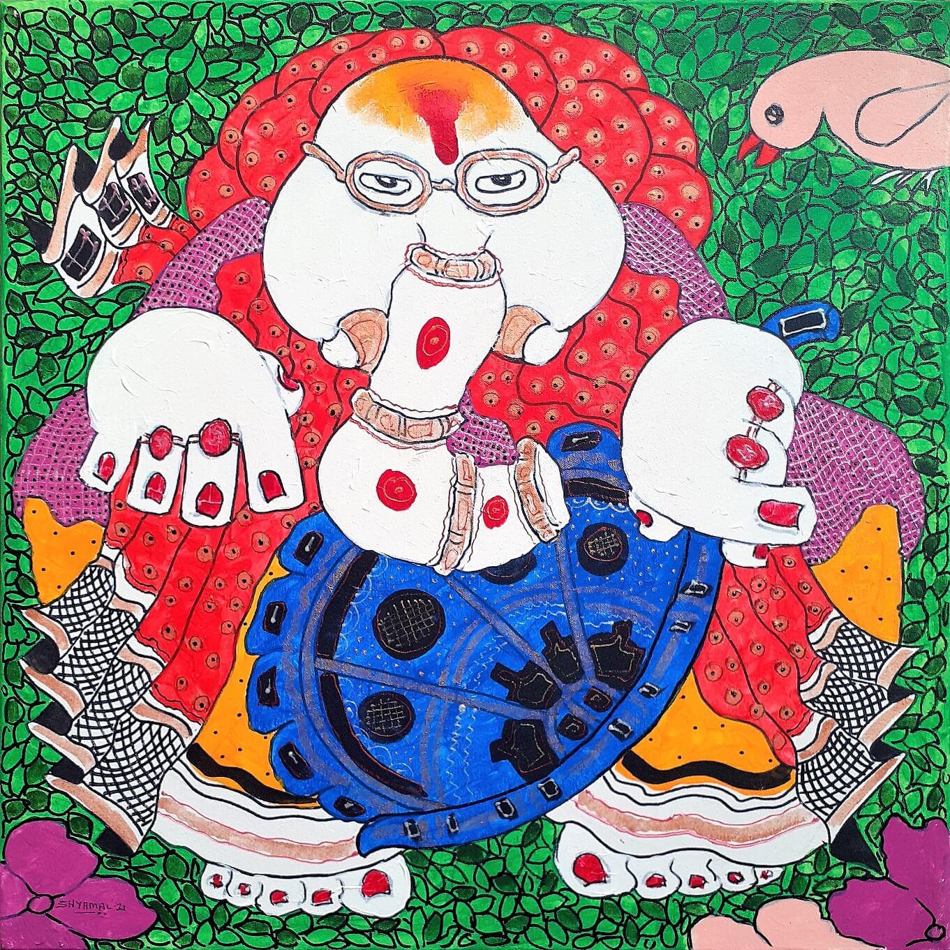 Ganesha, Acrilico su tela rossa, gialla di un artista indiano contemporaneo "In magazzino" - Art di Shyamal Mukherjee