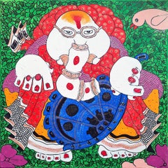 Ganesha, Acrylique sur Toile Rouge, Jaune par Artiste Contemporain Indien "En Stock".