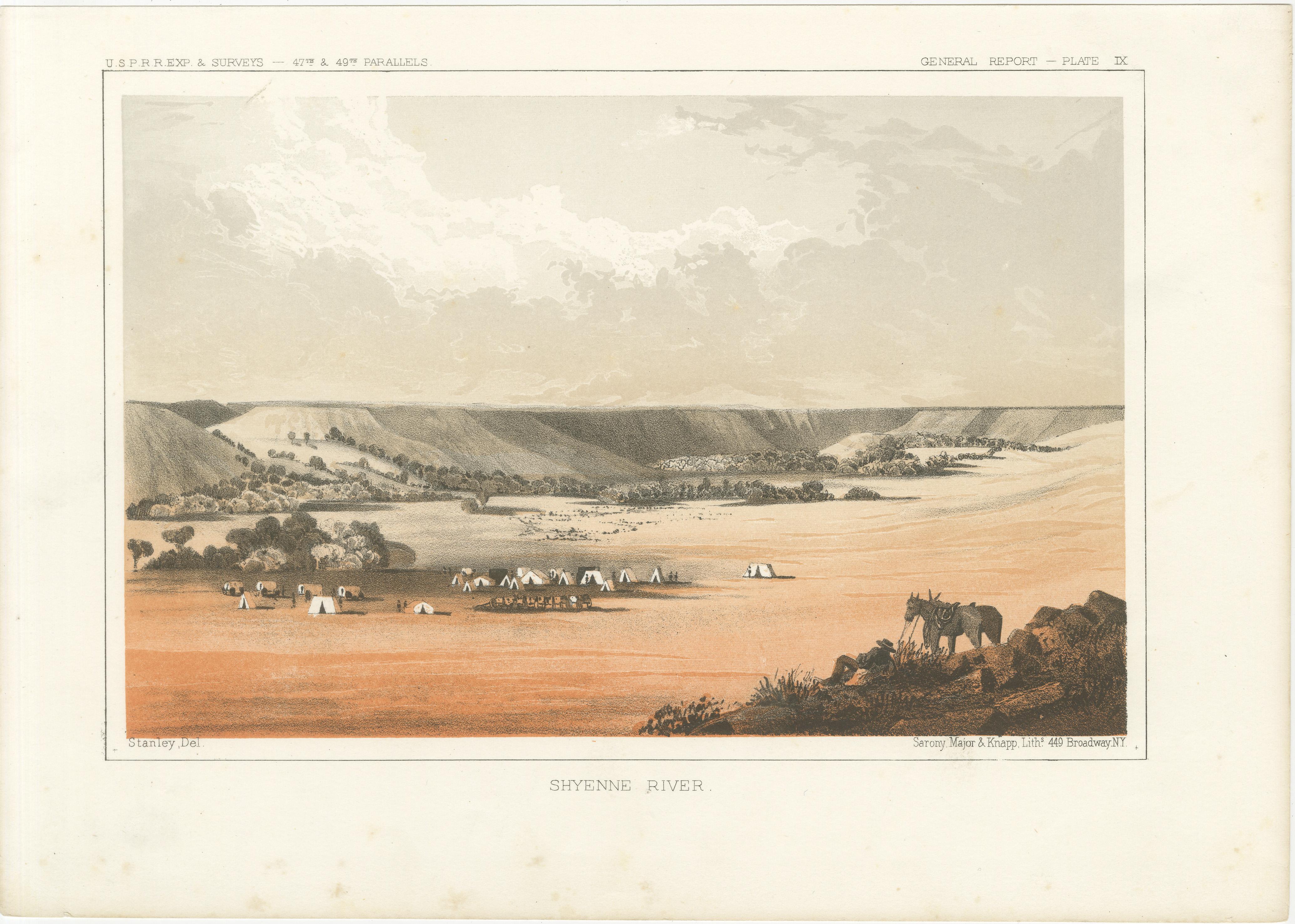 Titel: Shyenne River Landscape - getönte Lithographie aus der Vermessung der Pazifischen Eisenbahn, 1856  

Beschreibung: Diese detailreiche Lithografie 