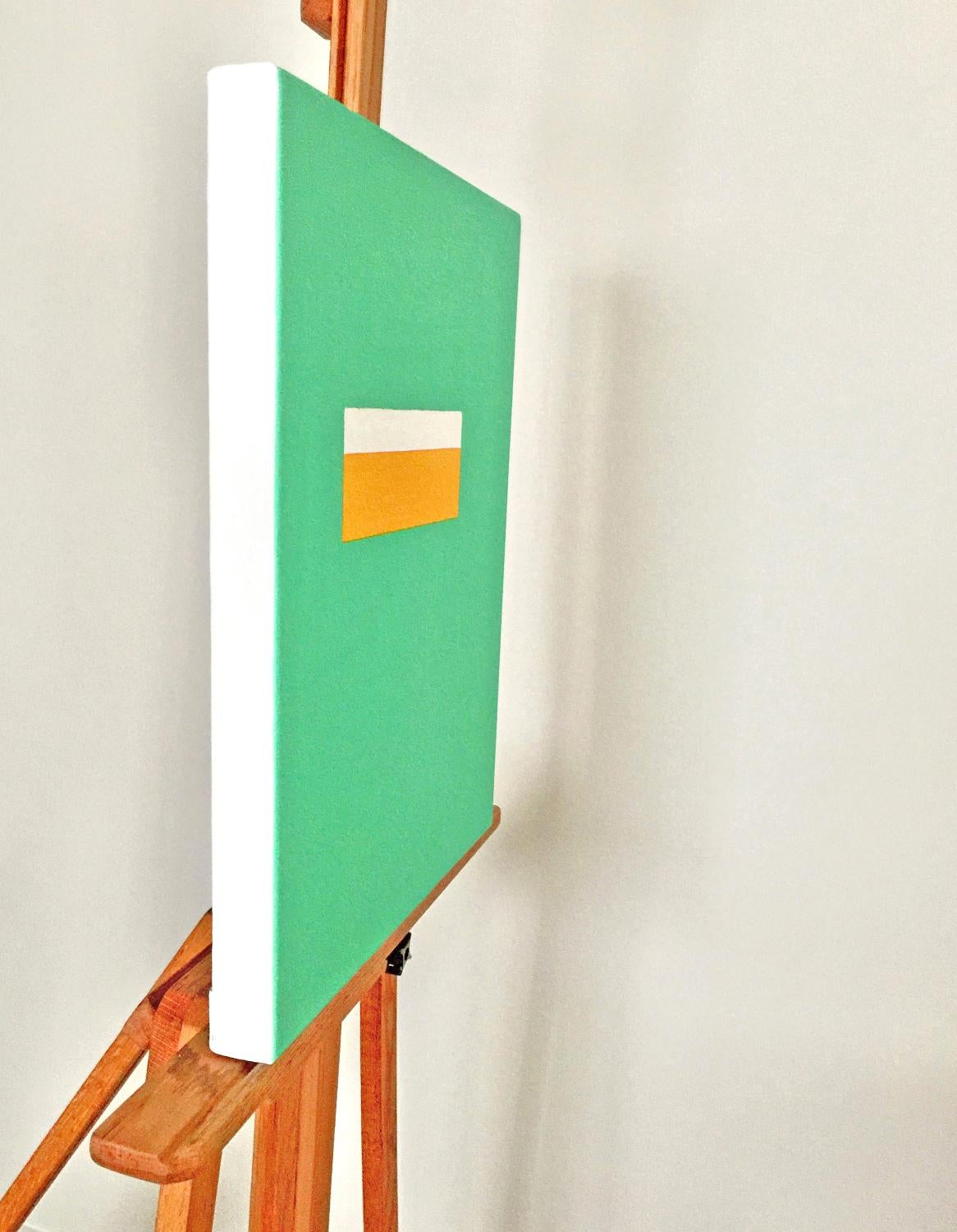<p>Artist Comments<br>This abstract painting features simple geometric forms and solid colors to create a bold statement. It depicts a horizontal rectangle symbolizing rational discretion against a green background. For artist Shyun Song, the