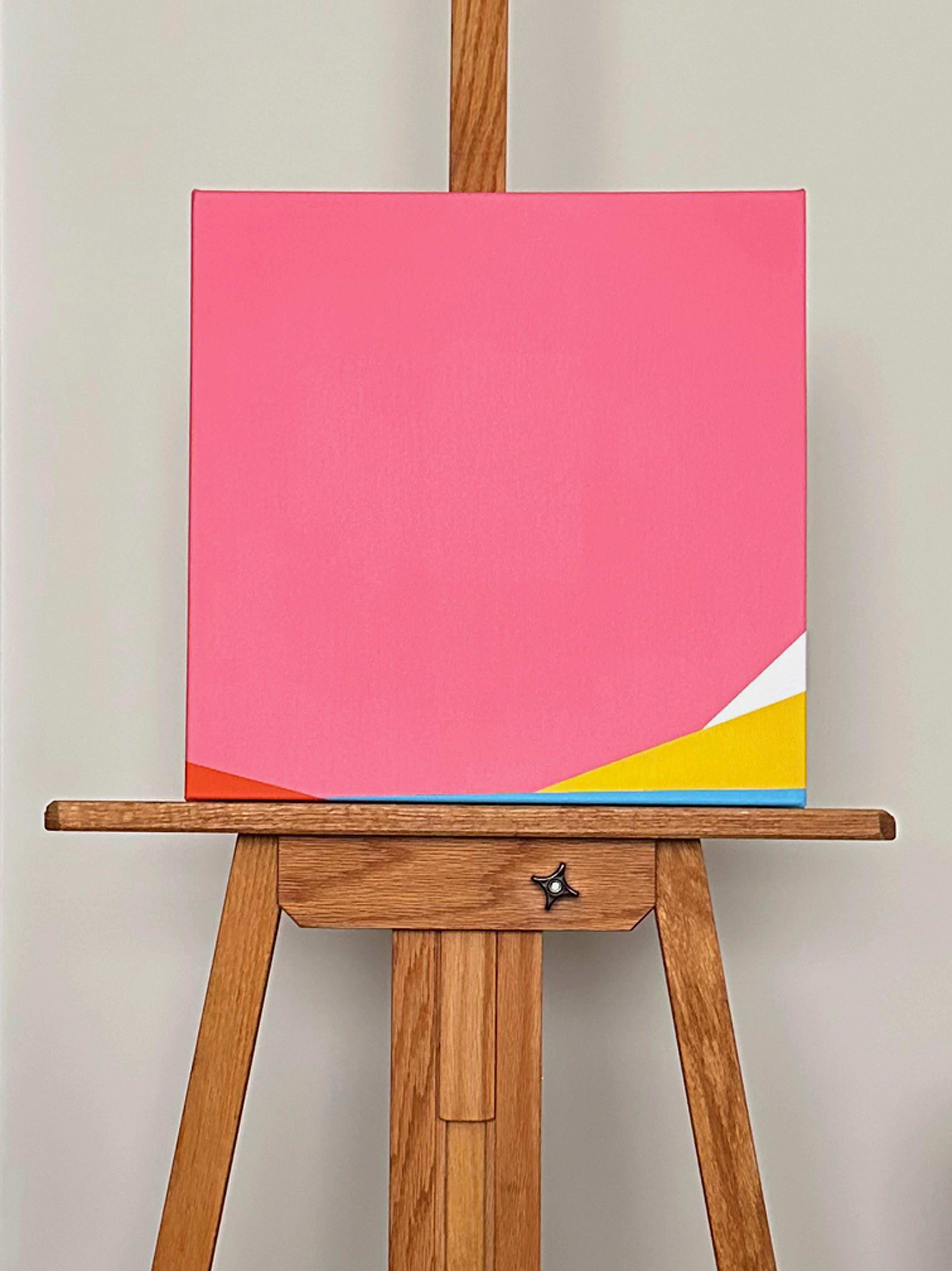 <p>Artist Comments<br>Small red, blue, yellow, and white geometric forms cluster at the base of a pink backdrop. Artist Shyun Song reflects on transforming negative emotions into constructive pursuits, suggesting that such redirection can nurture