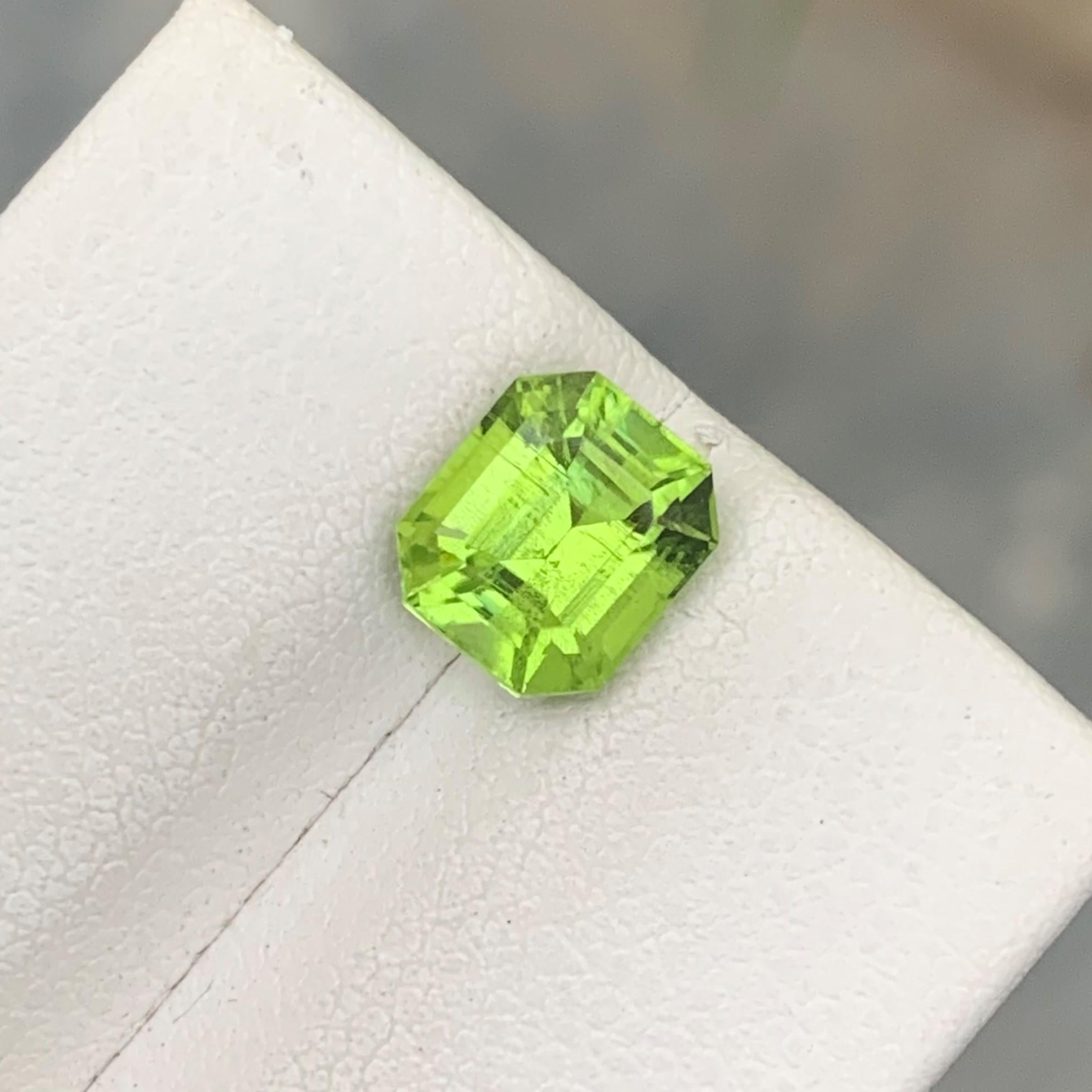 Gemstone Type : Peridot
Weight : 2.15 Carats
Dimension: 7.7x6.6x5.1 Mm 
Origin : Suppat Valley Pakistan
Clarity : Eye Clean
Certificate: On Demand
Color: Green
Treatment: Non
Shape: Emerald
It helps cure diseases related to lungs, breasts,