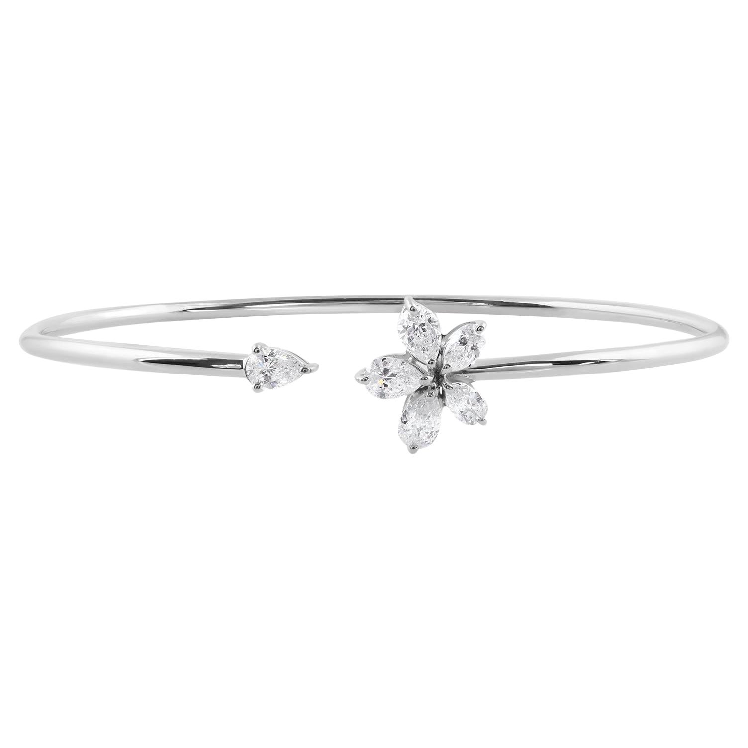 Bracelet manchette jonc fin en or blanc 14 carats avec diamants poire de couleur H SI Clarity